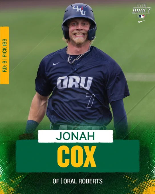 Green and gold graphic for round 6 pick 166 in the 2023 MLB Draft
Jonah Cox, OF, Oral Roberts