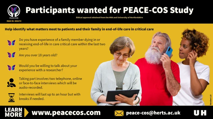 A young black women and a senior white man talking on the phone. A senior lady undertaking an online interview. Text saying participants wanted for PEACE-COS study. Learn more www.peacecos.com email peace-cos@herts.ac.uk