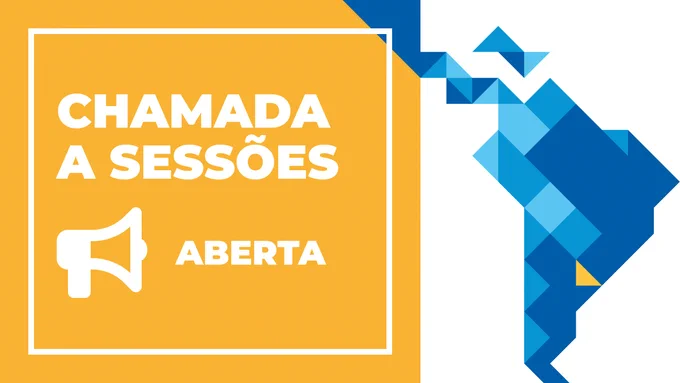 "Chamada a sessões aberta" em um quadrado amarelo ao lado do mapa de ABRELATAM/CONDATOS.