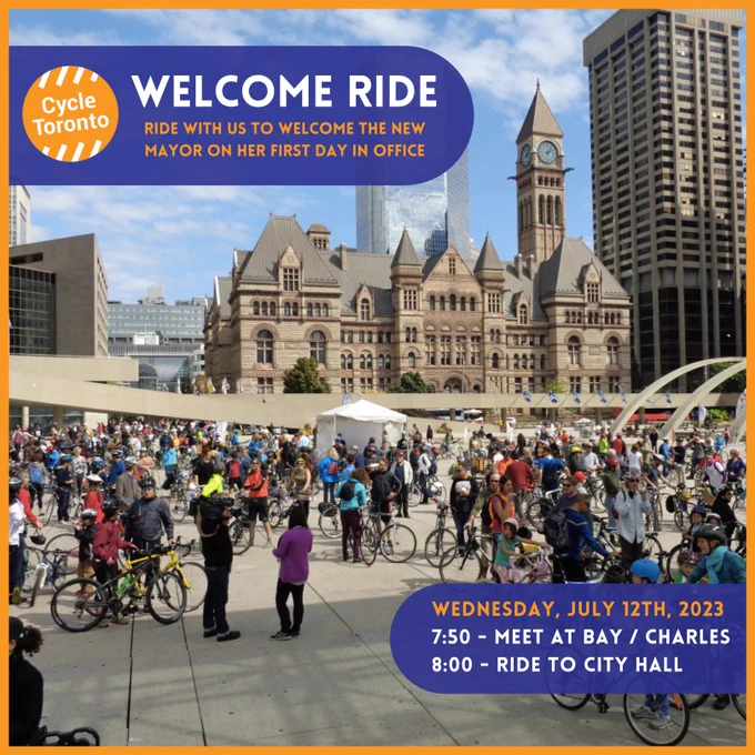 A poster for the Mayor-Elect Welcome Ride on July 12th, 2023.

Meet at 7:50, depart for City Hall at 8:00.