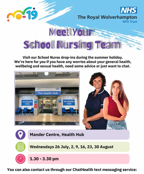 Images are posters advertising the whereabouts of the School Nursing Team over the summer holidays.
