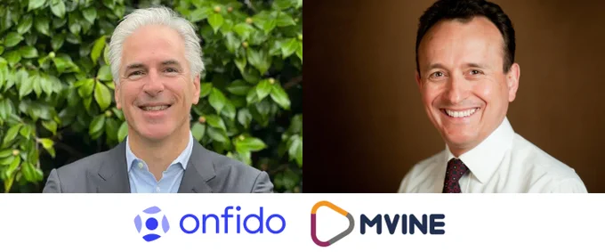 Image shows two photographs and two company logos. On the left, Nello Franco, Chief Customer Officer at Onfido. On the right, Frank Joshi, Director at Mvine Ltd. The company logos for Onfido and for Mvine are featured under the photographs. Photo and Logos are copyright. All rights reserved. Used here with kind permission.