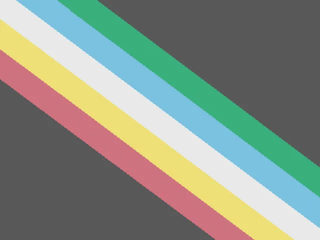 The Disability Pride flag. A grey background with coloured lines going diagonally from top left to bottom right. Colours top to bottom are green, blue, white, yellow and red.