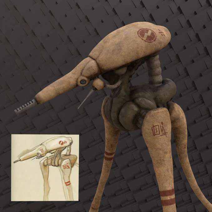 A 3d Rendition of an early Strider Concept with the original concept by Ted Backman superimposed.