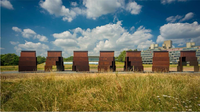 A view of Sir Antony Caro's Goodwood Steps, installed on campus at UEA
