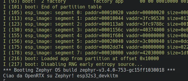Screenshot of Zephyr serial console saying "ciao da OpenRTX su Zephyr!", from italian "hello from OpenRTX on Zephyr!".