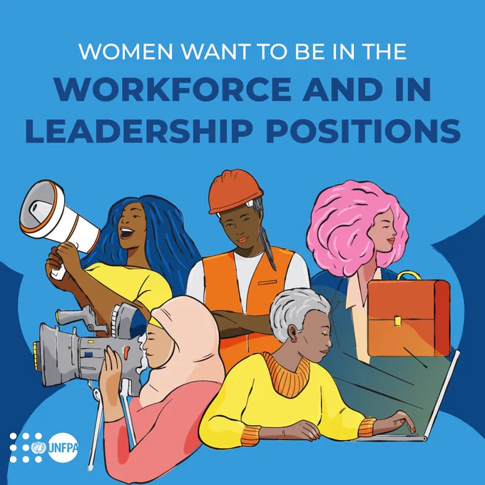 A catchphrase card with text at the top which reads ‘women want to be in the’ in white text, ‘workforce and in leadership positions’ in dark blue text. The background of the card is a light and a darker shade of blue. There is an illustration of five women, three in the background and two in the foreground. The woman at the back left is wearing a yellow t-shirt, and is holding aa white speaker, whilst shouting in it. The woman in the back center is wearing an orange helmet, a white t-shirt and an orange vest. She has her arms crossed, facing the camera. The woman at the back right, has pink hair and is holding an orange briefcase. The woman at the front left is wearing a pink headscarf and is looking into a large gray film camera. The woman in the front right is wearing an orange and yellow t-shirt and has short gray hair, and is working on a computer, which is shining a bright yellow light onto her face.