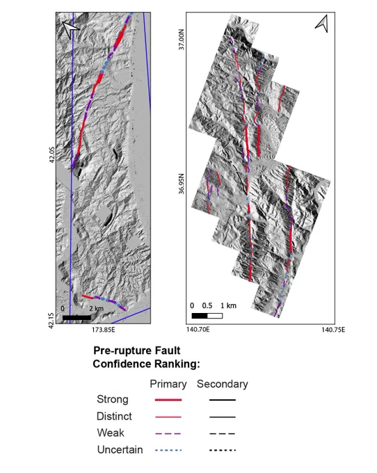Predictive pre-rupture fault maps of the 2016 M 7.8 Kaikoura, New Zealand, earthquake (left) and the 2011 M 6.6 Fukushima-Hamadori, Japan, earthquake (right) based on indicative surface features. Image credit: Dr. Chelsea Scott.