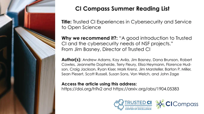 To the left of the text are photos of books on their spines, fanned out.
In the text of the image: CI Compass Summer Reading List

Title: Trusted CI Experiences in Cybersecurity and Service to Open Science
Why we recommend it? "A good introduction to Trusted CI and the cybersecurity needs of NSF projects," recommended by Jim Basney, Director of Trusted CI.

Authors are listed, and the article access link is in the image (but is also linked in the post). 

At the bottom of the image are both the CI Compass and Trusted CI logos.