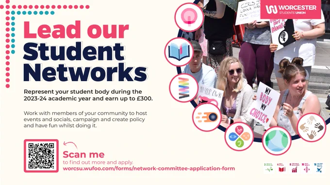 The graphic has a cream background with dark pink and navy text. In the right hand corner, there is a photo of a student group at a protest. Each of the our seven Network logos is included in the image and the main text reads ‘Lead our student Networks’.