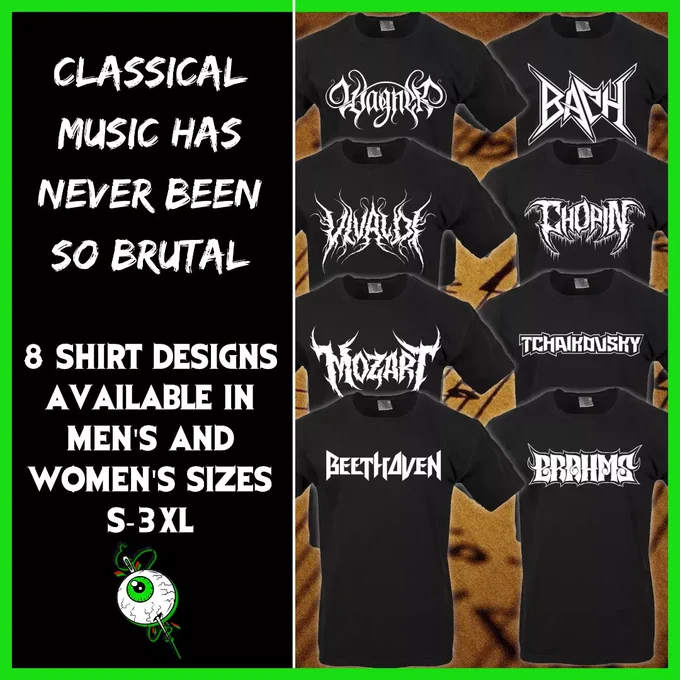 A collection of heavy metal inspired shirt designs for classical composers from Thread By Dawn.