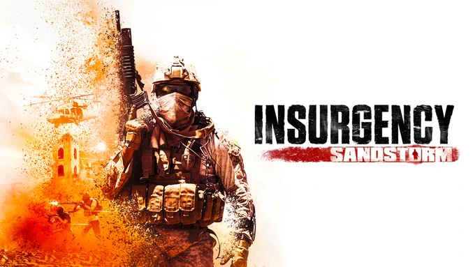 The main art of Insurgency: Sandstorm, representing a soldier holding a weapon with warfare scenes behind him. The logo of the game is displayed on the right-hand side of the image.
