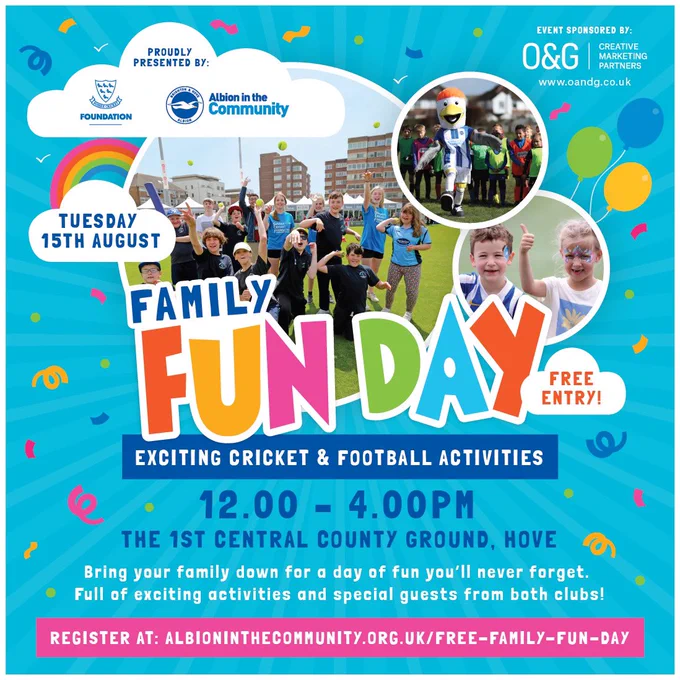Family fun day with exciting cricket and football activities. Free entry! Tuesday 15th August, 12pm-4pm. At The 1st Central County Ground, Hove.
