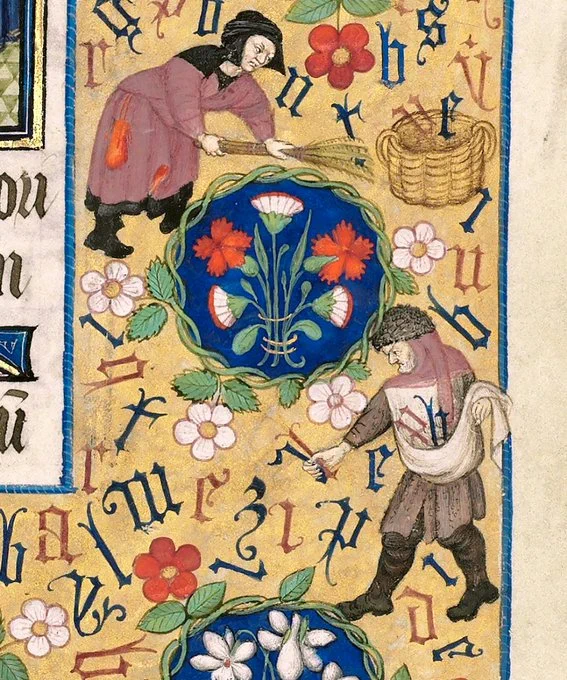 a medieval illustration of man and woman amongst a field of scattered letters as big as their heads. the man is picking up a fistful of the letters to add to a pouch he's holding, while the woman is bent over, using a tool that resembles a rake to  scoop more letters up.

