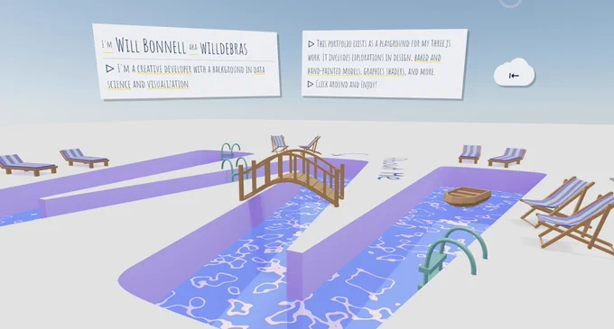 A scene at a pool with a floating boat. It includes floating clouds of text about the types of work Will enjoys--blender, threejs, data visualization.