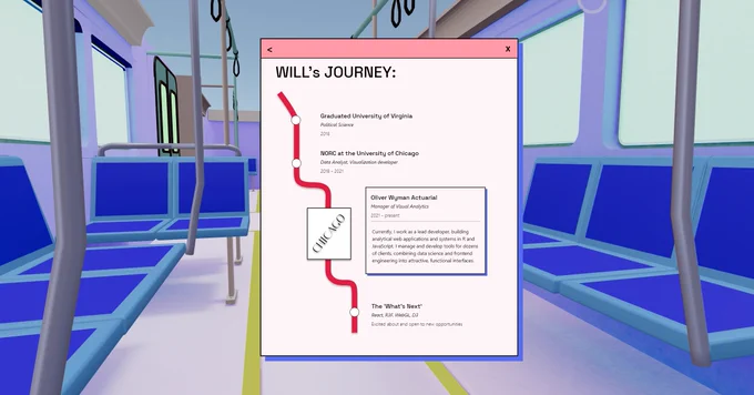 A CTA train compartment with text pamphlet with Will's work history, starting with working as a data anlyst at NORC to working an a visual analytics consultant and manager.