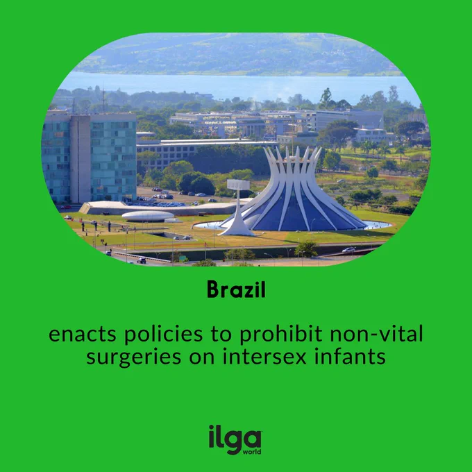 The photo of a view of Lake Paranoá with government buildings and the cathedral in Brazilia is placed in a pill-shaped frame. Text reads: “Brazil enacts policies to prohibit non-vital surgeries on intersex infants”