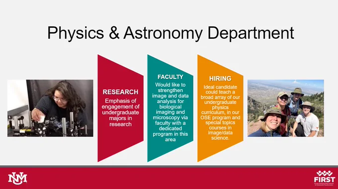 Info slide with three text boxes. Box 1: Research - Emphasis of engagement of undergraduate majors in research. Box 2: Faculty - would like to strengthen image and data analysis for biological imaging and microscopy via faculty with a dedicated program in this area. Box 3: Hiring - Ideal candidate could teach a broad array of our undergraduate physics curriculum, in our OSE program and special topic courses in image/data science.