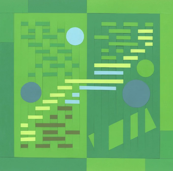 Image of woven paper. Left side has dark green border, light green vertical strips, and varying shades of dark and light green and blue as horizontal stripes and circles. Right side colors are somewhat inverted from left side, with a larger diagonal green strip.