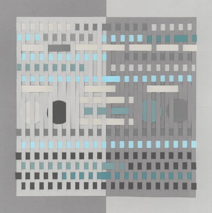Image of woven paper. There are vertical strips of light grey on the left and dark grey on the right. There are horizontal strips and circles that are light and dark grey, light blue, and dark teal woven through the vertical strips. There is a border of dark grey on the left and light grey on the right, contrasting with the vertical strips.