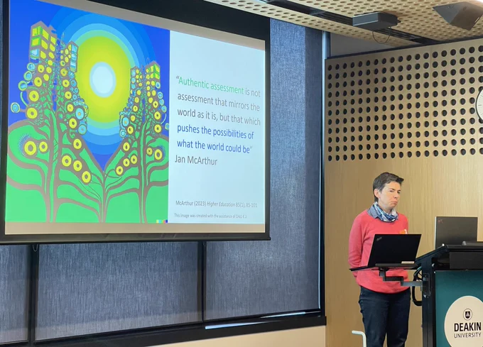 Picture of slide with text "Authentic assessment is not assessment that mirrors the world as it is, but that which pushes the possibilities of what the world could be"
Jan McArthur