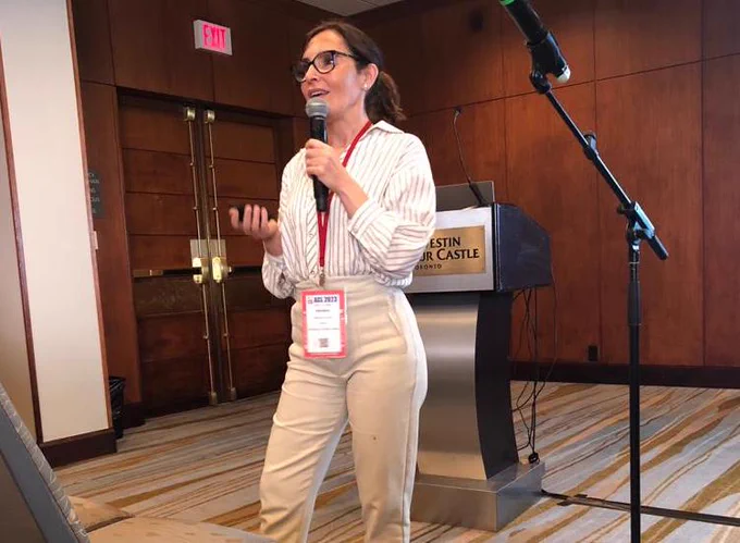 Georgina Curto Rex presenting her and her coauthors’ paper at the 2023 ACL Workshop on Online Abuse and Harms in Toronto.