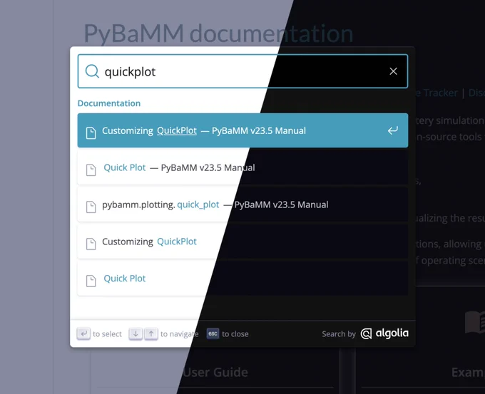a screenshot of the main documentation page for PyBaMM, which is a battery simulation package written using the Python programming language. this image displays a search bar header built with Algolia, a commerical service that offers search-as-you-type features for eligible users and organisations through their DocSearch programme.