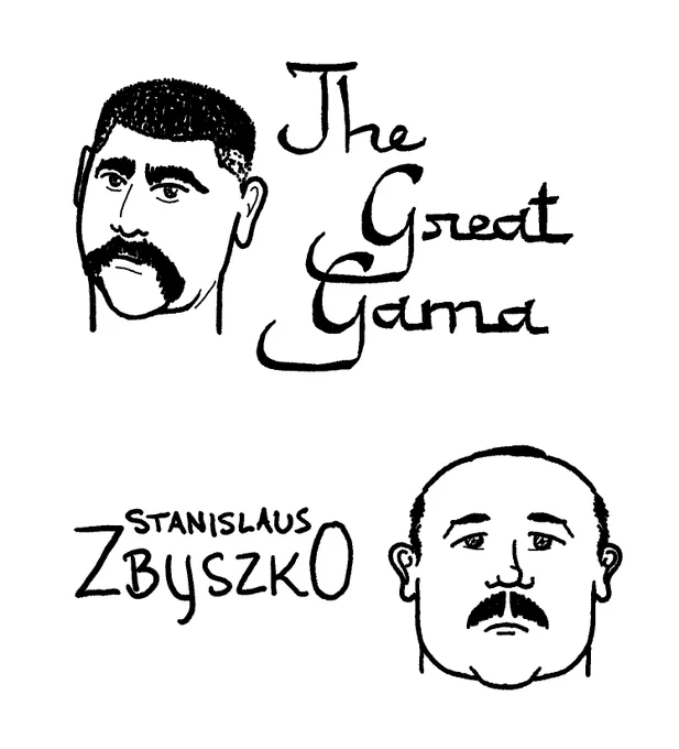 Cartoon drawings of two wrestlers: The Great Gama and Stanislaus Zbysko