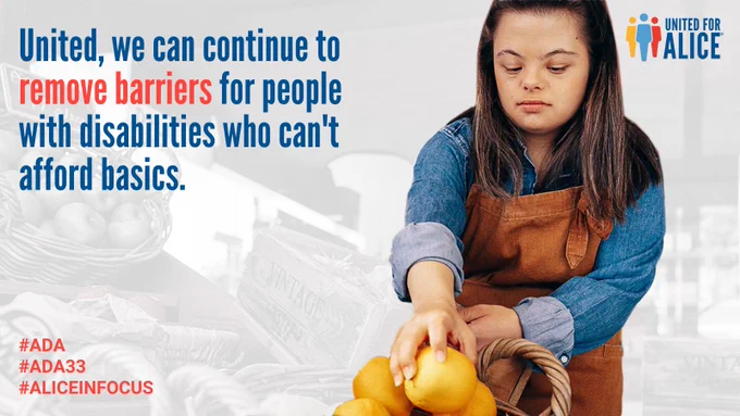 A young adult with Down syndrome wears an apron and loads a basket with oranges. Blue text on the left reads: United, we can continue to remove barriers for people with disabilities who can't afford basics.