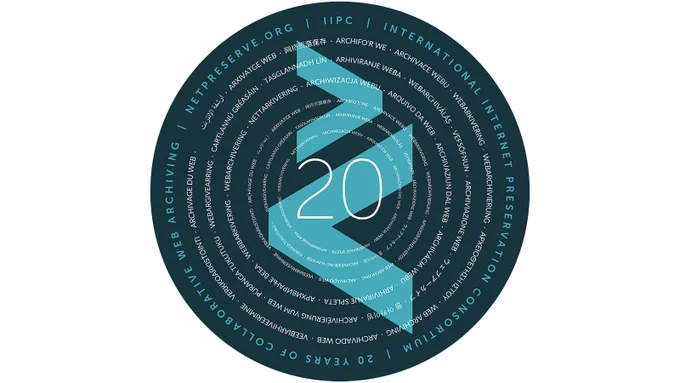 An image of the IIPC 20 year anniversary image, which features the phrase "web archiving" translated into all of the different languages used by our members. 