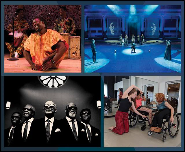 Clockwise, from top left: Dancer Sidiki Conde performing at the 2007 NEA National Heritage Fellowship concert, photo by Michael G. Stewart; Deaf West’s production of Oedipus, photo by Craig Schwartz; Mary Verdi-Fletcher works with students during Dancing Wheels’ 2019 Summer Dance Intensive, photo by Sara Lawrence-Sucato/The Dancing Wheels Company; Gospel music ensemble Blind Boys of Alabama, photo by Jim Herrington
