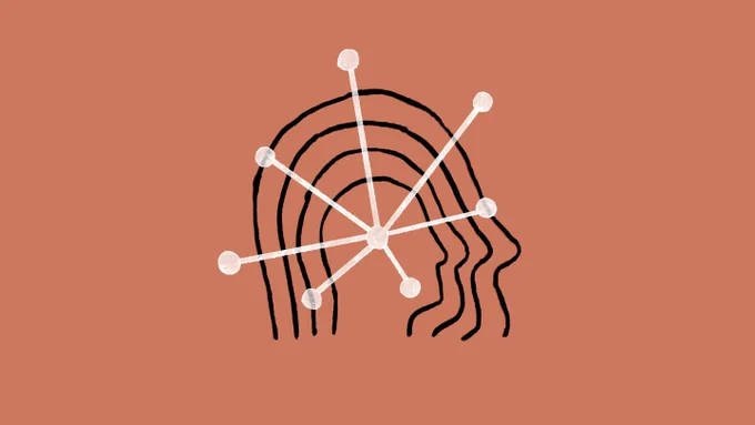 Illustration of nodes coming out of layered silhouettes of a human head, sketch-style. This is the art for Claude 2, Anthropic's generative AI chatbot competing with ChatGPT.