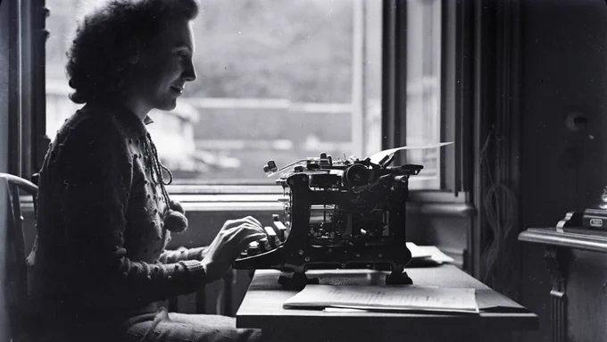 Woman typing on a typewriter on an old black-and-white photo. Photo source: Fortepan / Kurutz Márton
