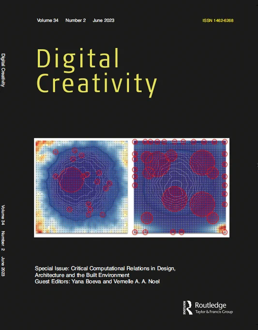 Journal cover including title with yellow letters (reads Digital Creativity) and an illustration showing a heat map of word clusters trained on a machine learning model, on black background. 