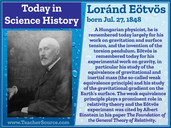 Loránd Eötvös was born on July 27, 1848. A Hungarian physicist, he is remembered today largely for his work on gravitation and surface tension, and the invention of the torsion pendulum. Eötvös is remember today for his experimental work on gravity, in particular his study of the equivalence of gravitational and inertial mass (the so-called weak equivalence principal) and his study of the gravitational gradient on the Earth's surface. The weak equivalence principal plays a prominent role in relativity theory and the Eötvös experiment was cited by Albert Einstein in his paper The Foundation of the General Theory of Relativity.