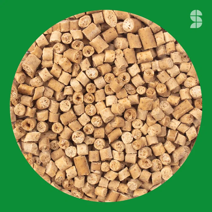 Close up image of pellets of ‘Solinatra Universal Food’ material on a green background 