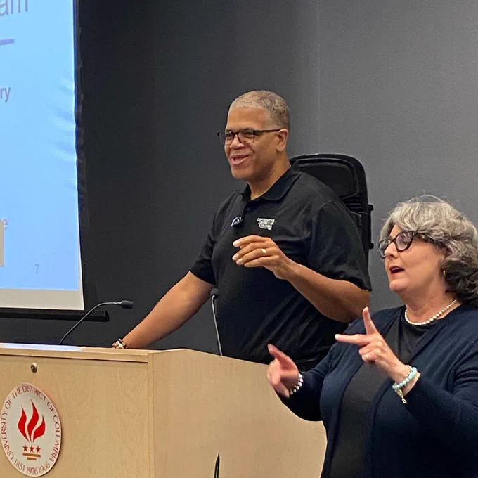 Educators got to hear from Christopher Bell, Chair of @udc_edu Board of Trustees, & Helena Berger, Chair of the FDR Memorial Legacy Committee's Board of Directors.