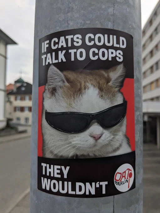 Sticker on a pole featuring a cat wearing sunglasses and the words "If cats could talk to cops they wouldn't"