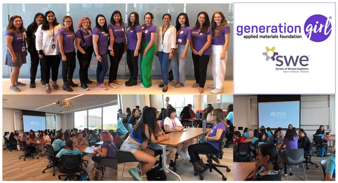 group collage of photos with women and girls wearing purple t-shirts standing in a row together and sitting in classroom chairs