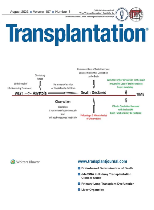 Transplantation August 2023 Volume 107 Number 8. On the cover:  Description of the basis of diagnosis of death in patients diagnosed by the donation after cessation of circulation in which in situ normothermic thoracic regional perfusion could return circulation to the brain. Bernat et al. Transplantation 2023;107:1650-1654.