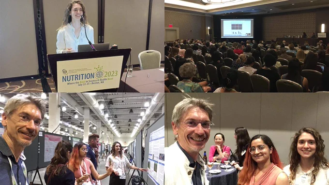 Clockwise - Erica chairs her first session, a packed room for our session on Nutrition for the Aging Brain, relax at the Friedman School reception, great feedback at Nikita's and Erica's poster
