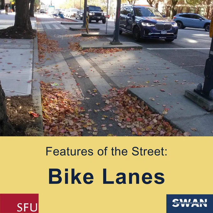 An unregulated bike littered with fallen leaves crossing through a pedestrian cross walk connecting the sidewalk to a pedestrian landing. The push button to cross the road is located on the pedestrian landing. Text titled "Feature of the Street: Bike Lanes" located below the bike lane image. The Simon Fraser University is located on the bottom left and the SWAN Project logo is located on the bottom right.