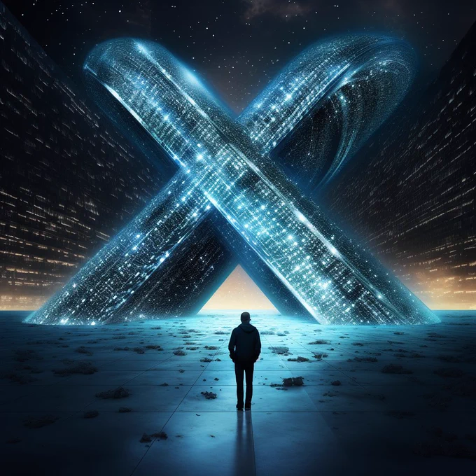 a large and giant letter X as a totem, volumetric, blue glitter and blue diamond dust, i can't believe how beautiful this is, ethereal figures, futuristic chromatic waves, surrealism style, dot matrix, swirl digital binary codes falling away --s 250