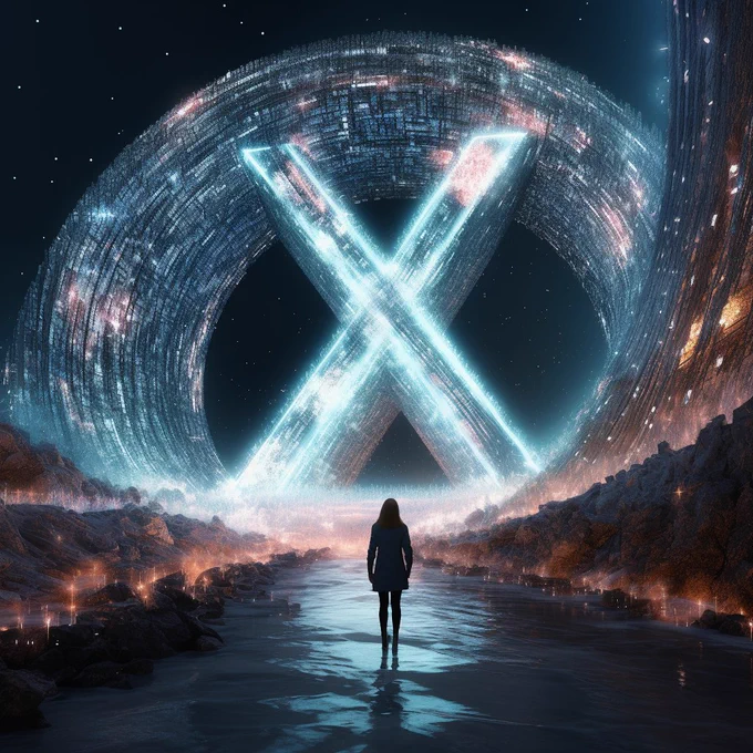 a large and giant letter X as a totem, volumetric, blue glitter and blue diamond dust, i can't believe how beautiful this is, ethereal figures, futuristic chromatic waves, surrealism style, dot matrix, swirl digital binary codes falling away --s 250