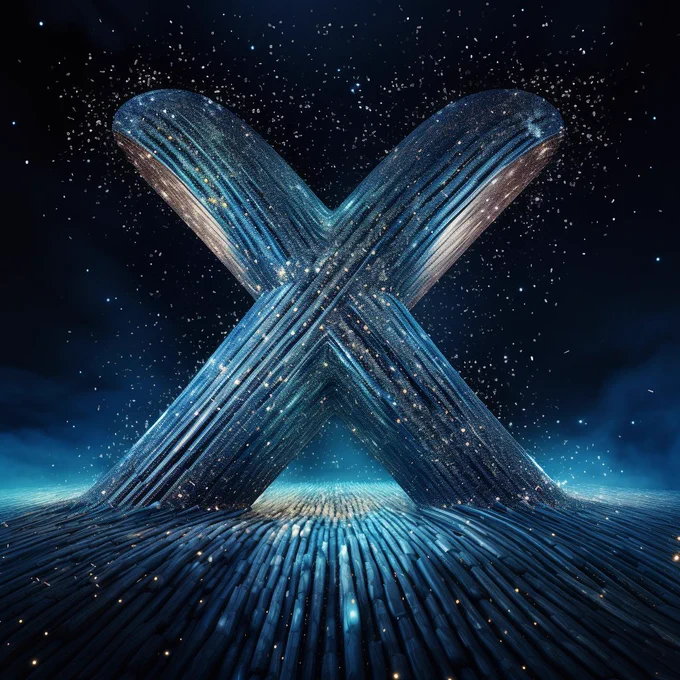 a large and giant letter X as a totem, volumetric, blue glitter and blue diamond dust, i can't believe how beautiful this is, ethereal figures, futuristic chromatic waves, surrealism style, dot matrix, swirl digital binary codes falling away --s 250