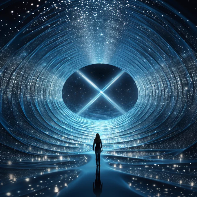 a large and giant letter X as a totem, volumetric, blue glitter and blue diamond dust, i can't believe how beautiful this is, ethereal figures, futuristic chromatic waves, surrealism style, dot matrix, swirl digital binary codes falling away --s 250