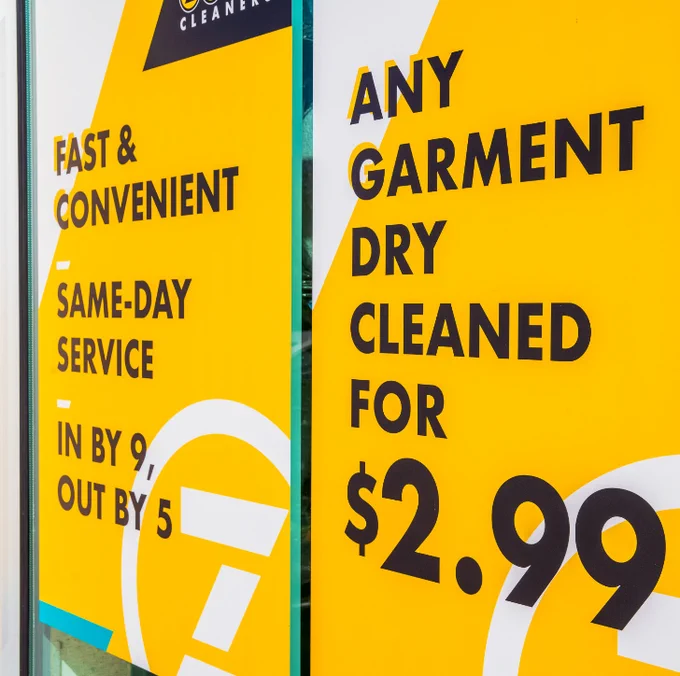 ZIPS Cleaners "any garment dry cleaned for $2.99" poster. Believe it, because that's the real deal. 