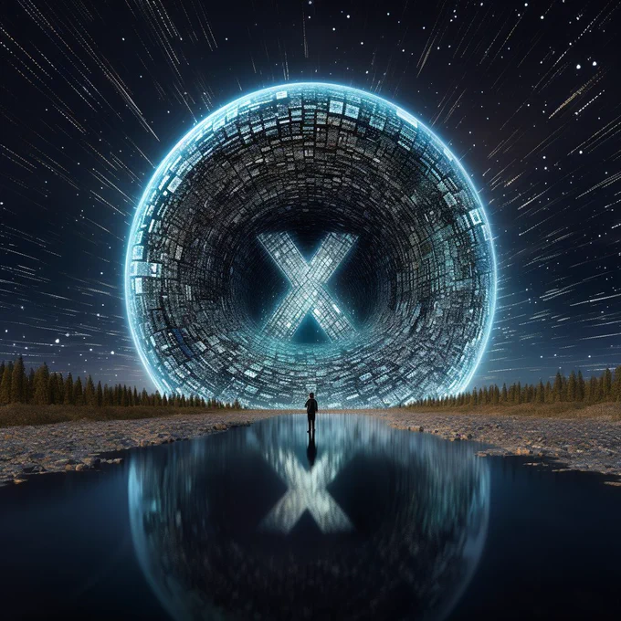 a large and giant letter X, volumetric, blue glitter and blue diamond dust, i can't believe how beautiful this is, ethereal figures, futuristic chromatic waves, surrealism style, dot matrix, swirl digital binary codes falling away --s 250
