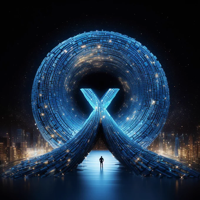 a large and giant letter X as a blue bird, volumetric, blue glitter and blue diamond dust, i can't believe how beautiful this is, ethereal figures, futuristic chromatic waves, surrealism style, dot matrix, swirl digital binary codes falling away --s 250