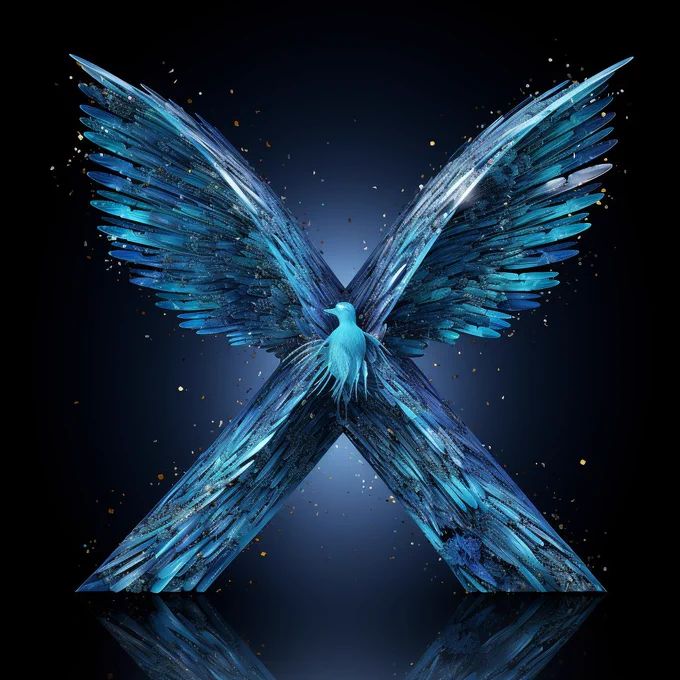 a large and giant letter X as a blue bird, volumetric, blue glitter and blue diamond dust, i can't believe how beautiful this is, ethereal figures, futuristic chromatic waves, surrealism style, dot matrix, swirl digital binary codes falling away --s 250